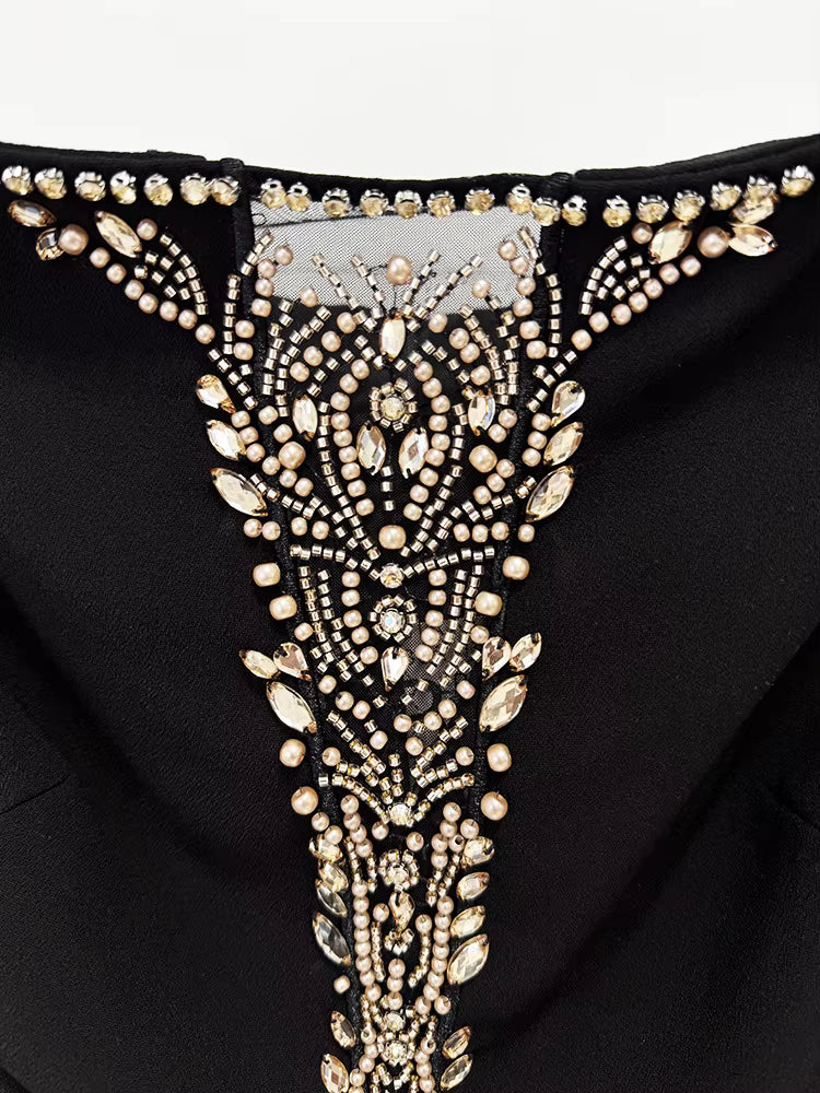 Split Mesh Diamond Beaded Long Sleeve Spaghetti Strap Maxi Dress