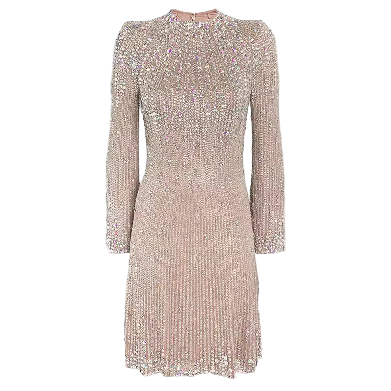 Rhinestone Sequin Beaded Long Sleeve O-Neck Party Mini Dress