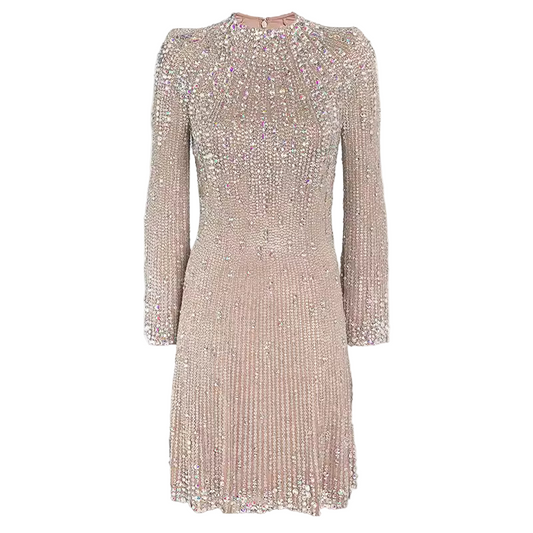 Rhinestone Sequin Beaded Long Sleeve O-Neck Party Mini Dress
