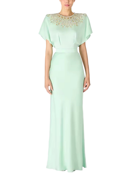 Backless Shiny Satin Diamond Beaded Maxi Dress