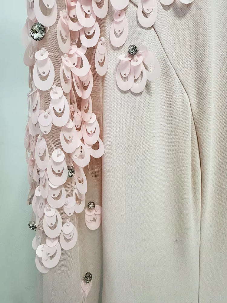 Split Mesh Diamond Beaded Long Sleeve Maxi Dress