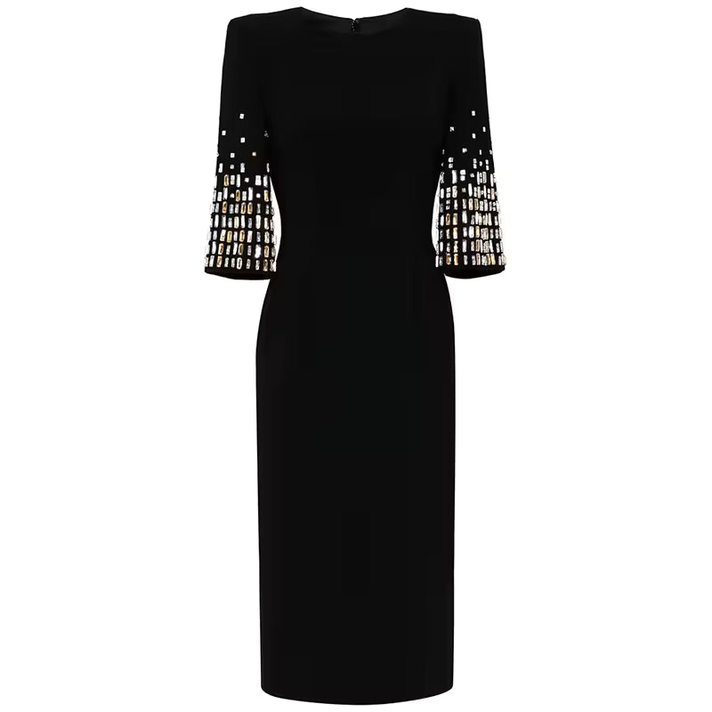 Rhinestone Beaded O-Neck Half Sleeve Knit Midi Dress