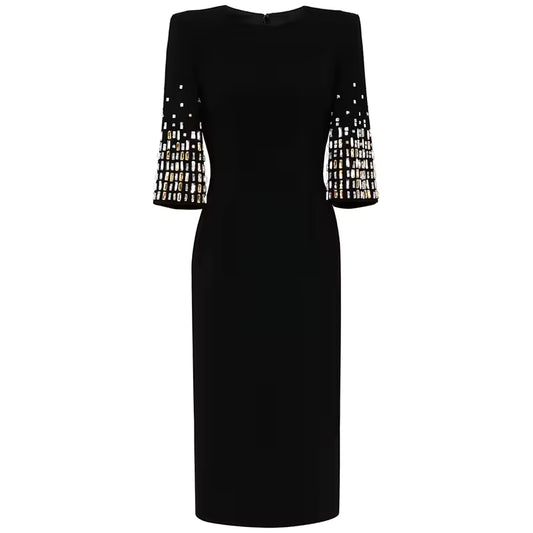 Rhinestone Beaded O-Neck Half Sleeve Knit Midi Dress