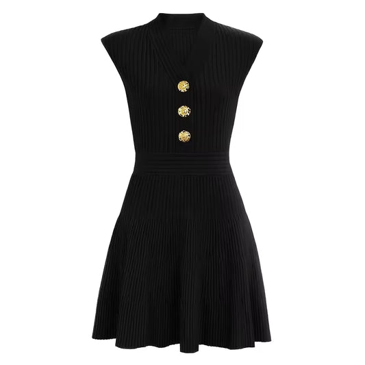 V-Neck Sleeveless Knitted A-Line Mini Dress