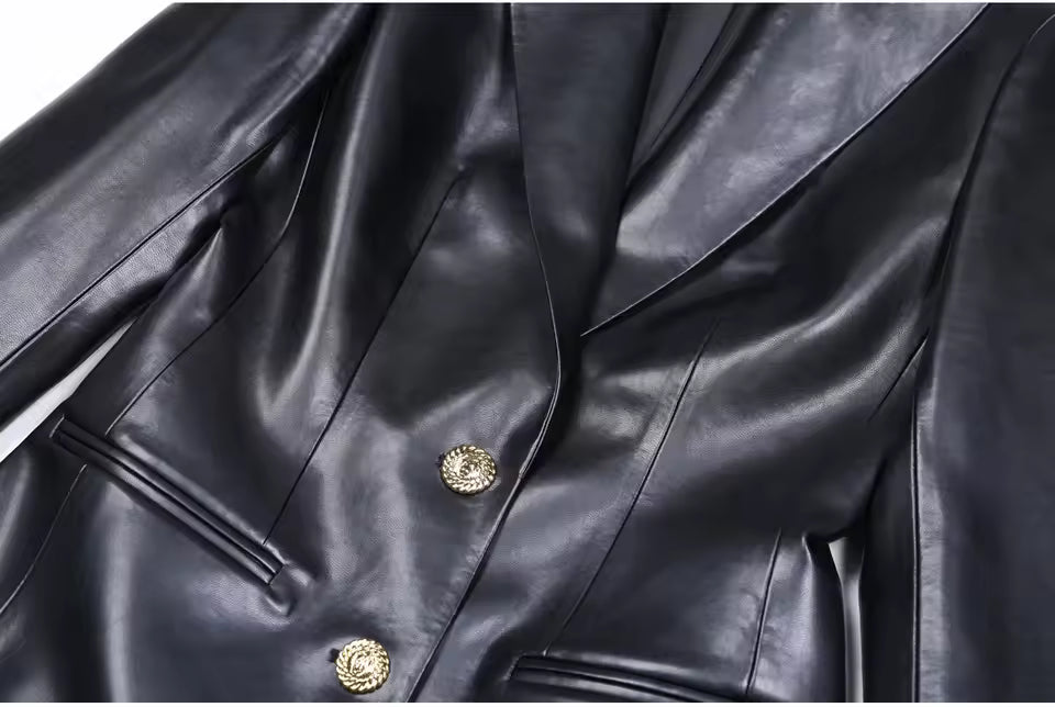 Classic PU Notched Blazer – Black Slim Fit
