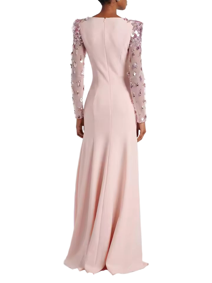 Split Mesh Diamond Beaded Long Sleeve Maxi Dress