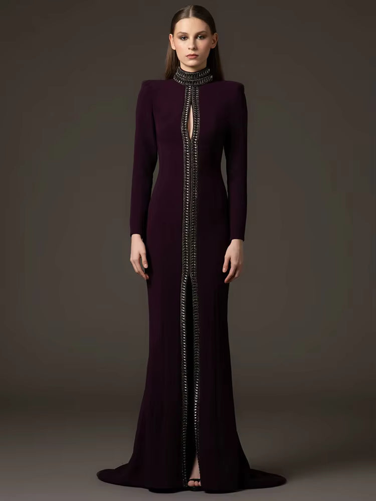 Short Sleeve Stand Collar Diamond Beaded Maxi Dress