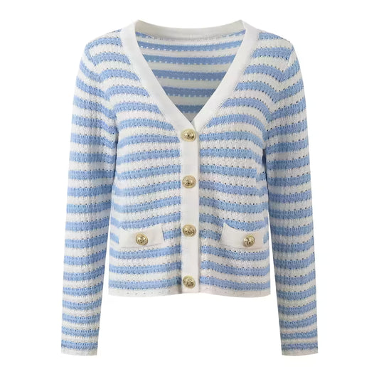 Colorblock Striped Single-Breasted Knit Cardigan