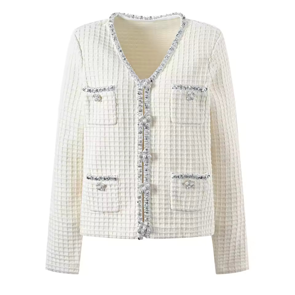 Rhinestone V-Neck Long Sleeve Single-Breasted Knit Cardigan