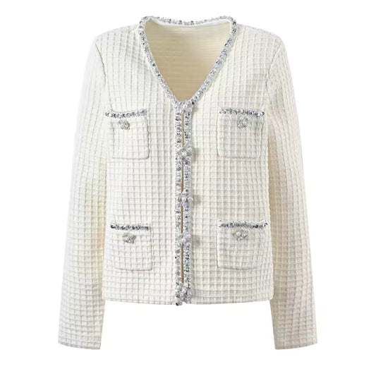 Rhinestone V-Neck Long Sleeve Single-Breasted Knit Cardigan