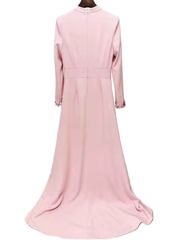 Stand Collar Beaded Sequin Hollow Out Maxi Dress