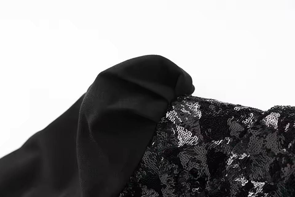 Vintage Puff Sleeve Sequin Double-Breasted Notched Blazer