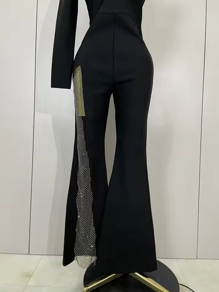 Shiny Sequin Mesh One-Shoulder Bell-Bottom Bandage Jumpsuit