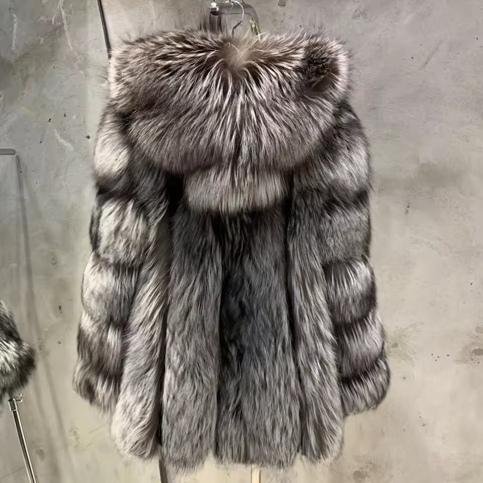 Hooded Natural Fox Fur Coat