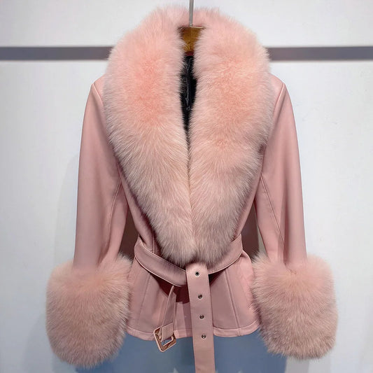 FOX FUR GENUINE LEATHER JACKET IN PINK