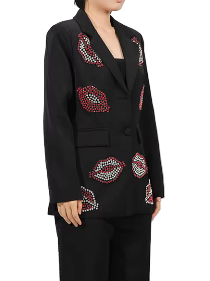 Loose Fit Beaded Patchwork Single-Breasted Blazer with Lapel and Long Sleeves