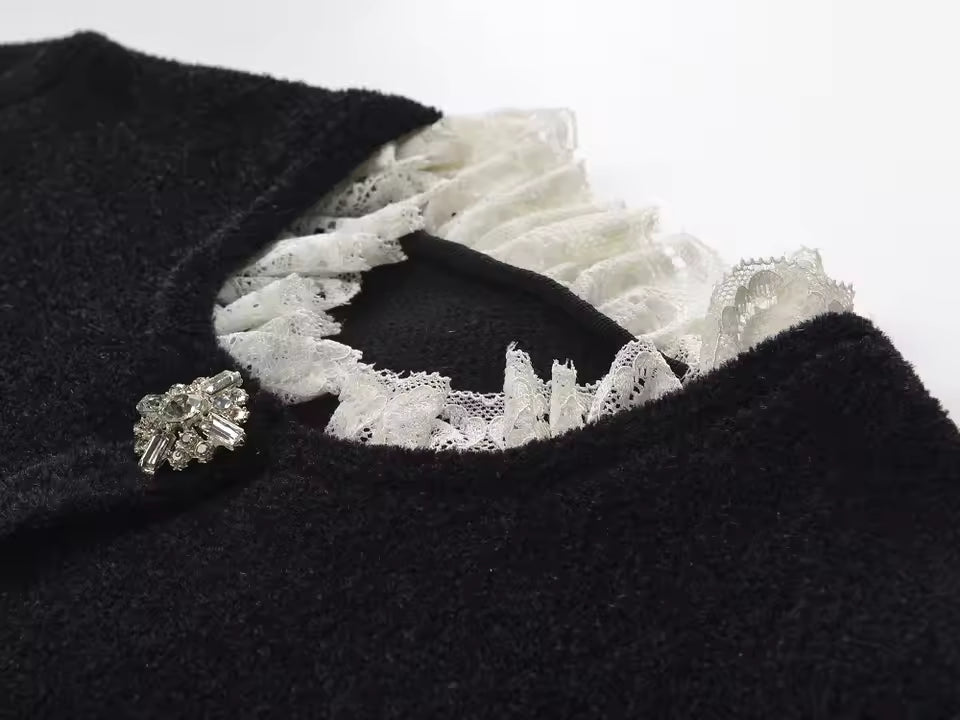 Vintage French Lace Patchwork O-Neck Short Sleeve Knit Cardigan with Belt