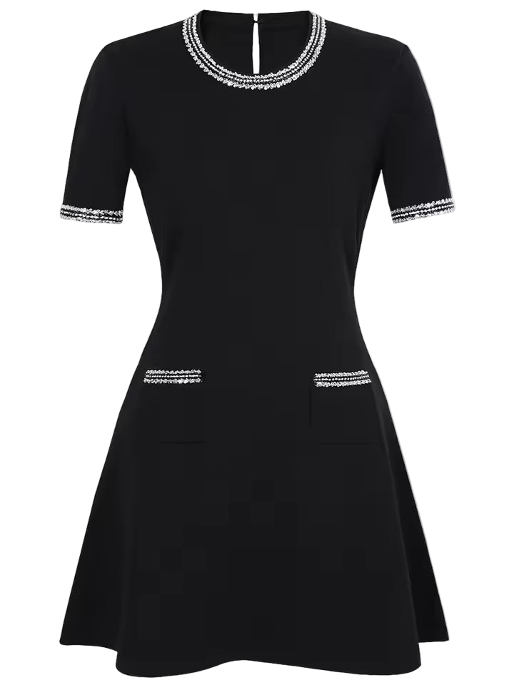 Beaded Patchwork Mini Dress with Pockets – Round Neck & Short Sleeves