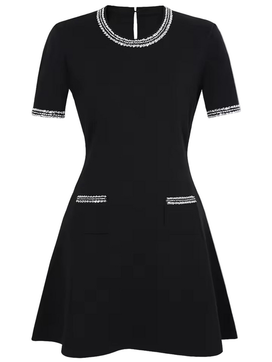 Beaded Patchwork Mini Dress with Pockets – Round Neck & Short Sleeves