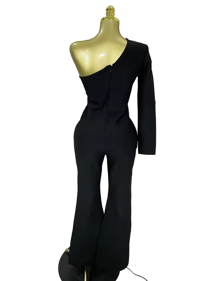 Shiny Sequin Mesh One-Shoulder Bell-Bottom Bandage Jumpsuit