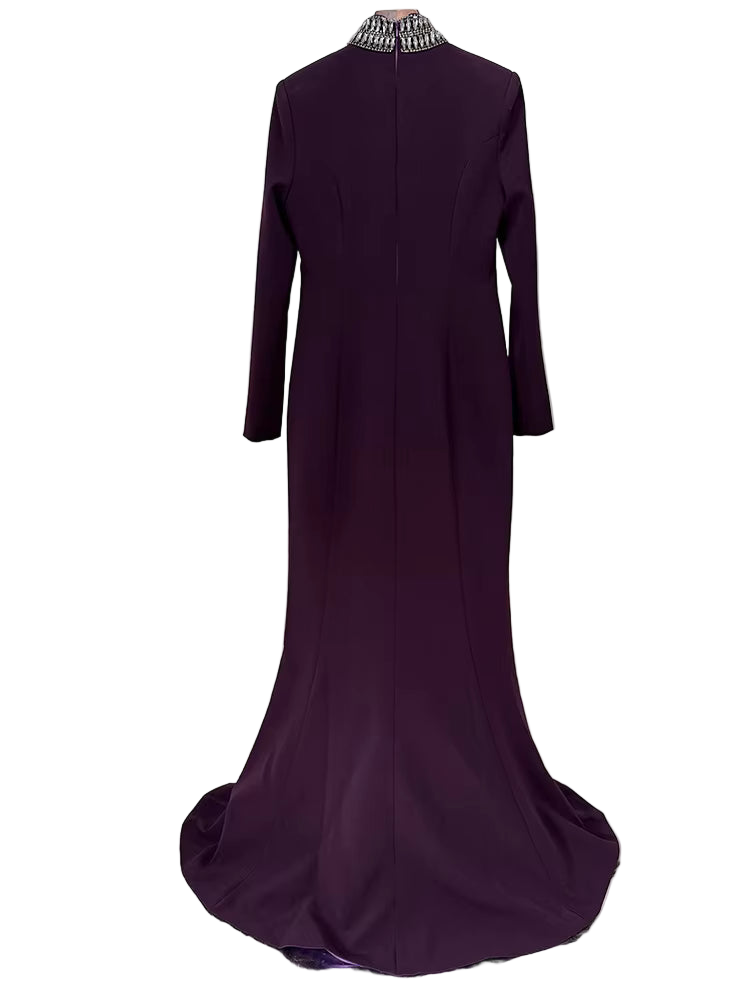 Short Sleeve Stand Collar Diamond Beaded Maxi Dress