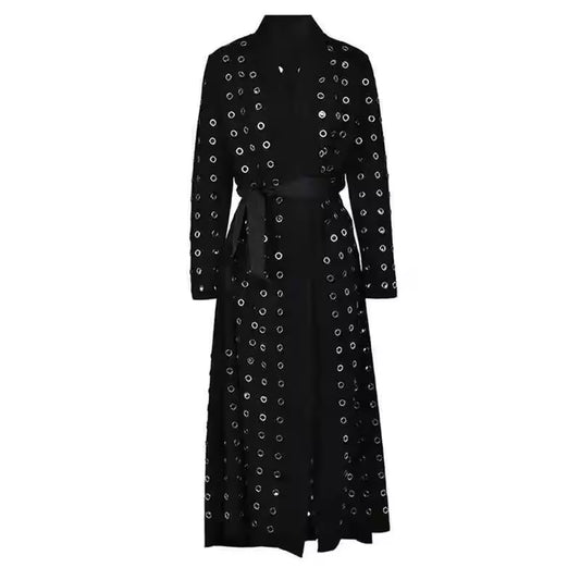 Black Hollow-Out Belted Long Trench Coat