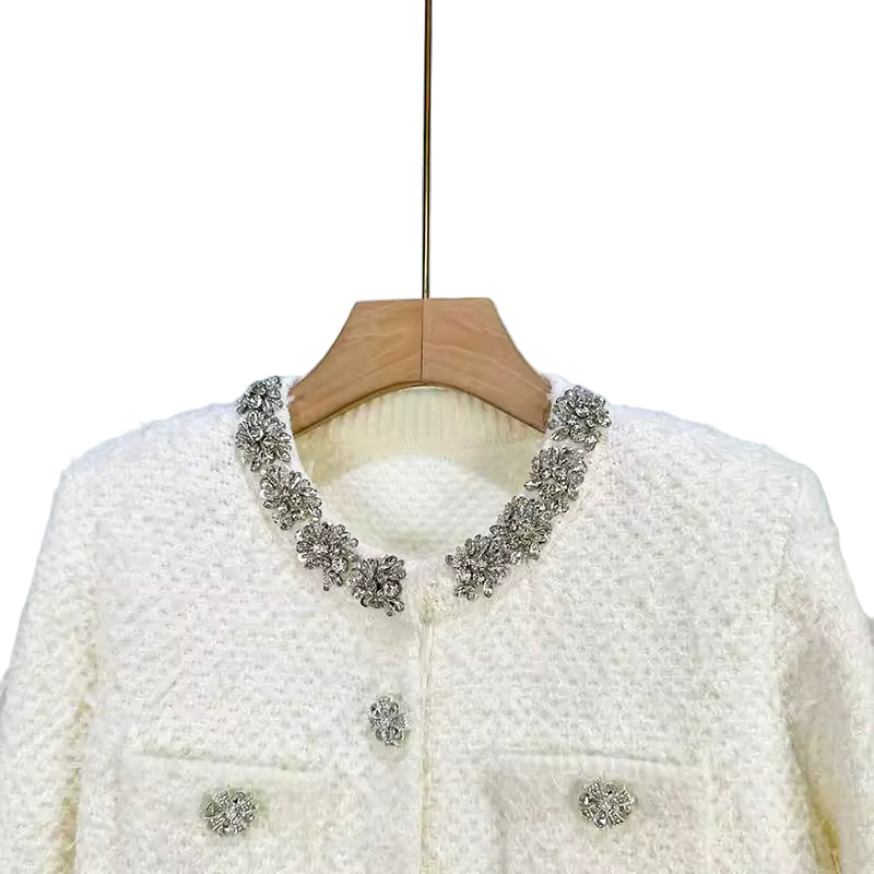 Luxury Rhinestone Beaded Knit Cardigan & Mini Pencil Skirt Set