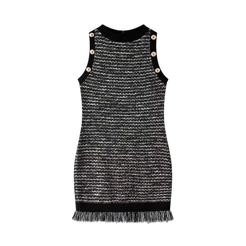 Vintage Tassel Knit Vest & Sleeveless Mini Dress Set
