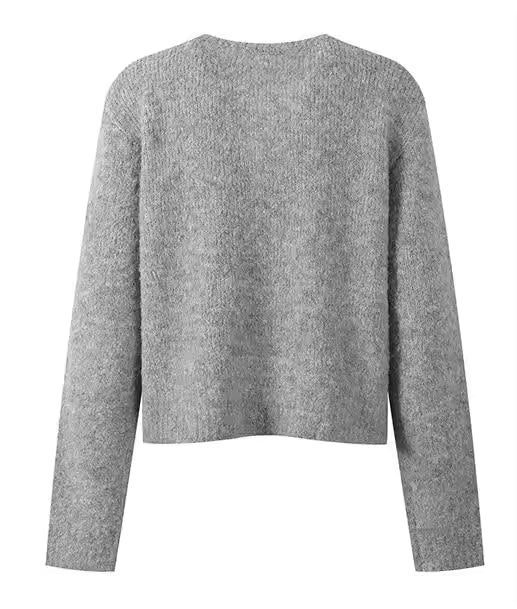 Solid Rose Accent O-Neck Long Sleeve Knit Cardigan