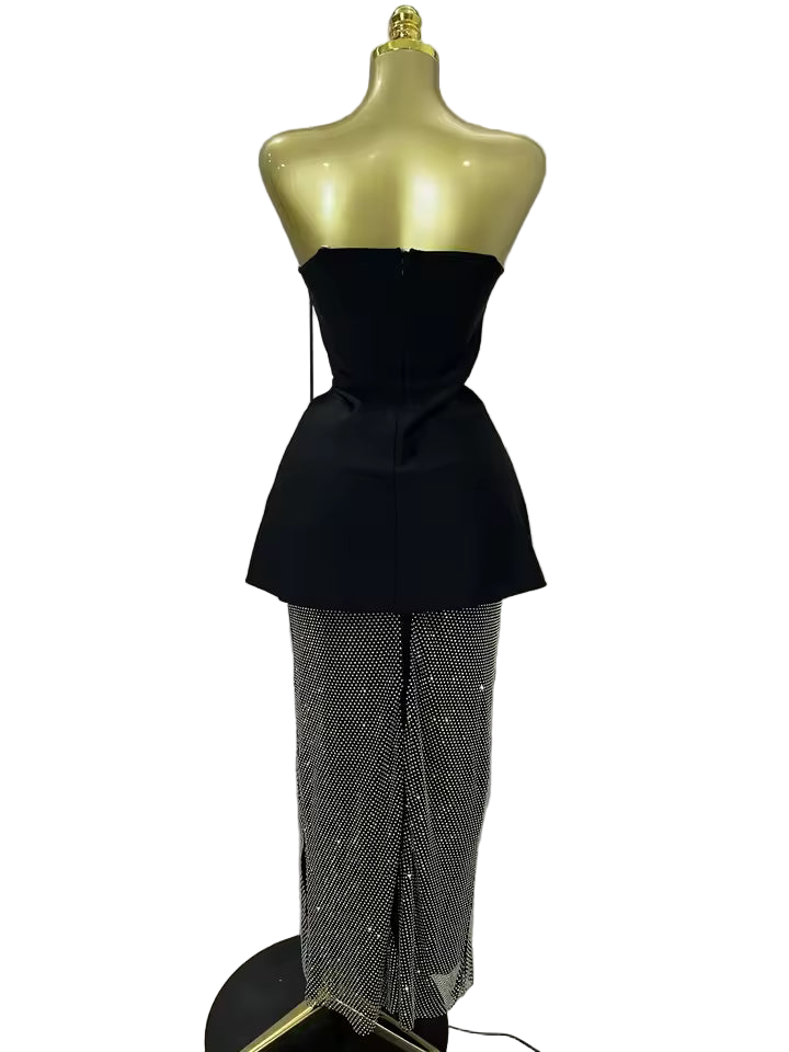 Luxury Black Diamond Top & Skirt Two-Piece Party Dress