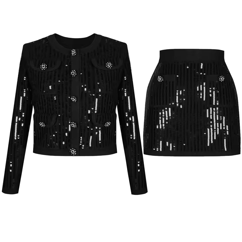 Luxury Sequin Knit Diamond Button Cardigan & Slim Fit Pencil Skirt Set
