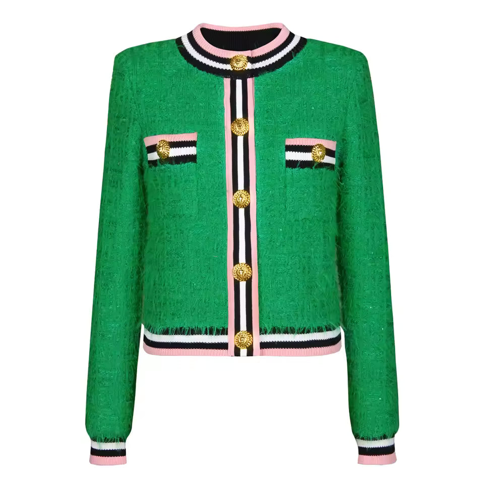 Fur Fringe Color Block Stripe Round Neck Single-Breasted Knit Vest Top