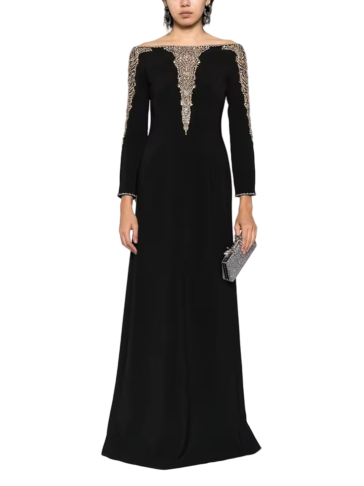 Split Mesh Diamond Beaded Long Sleeve Spaghetti Strap Maxi Dress
