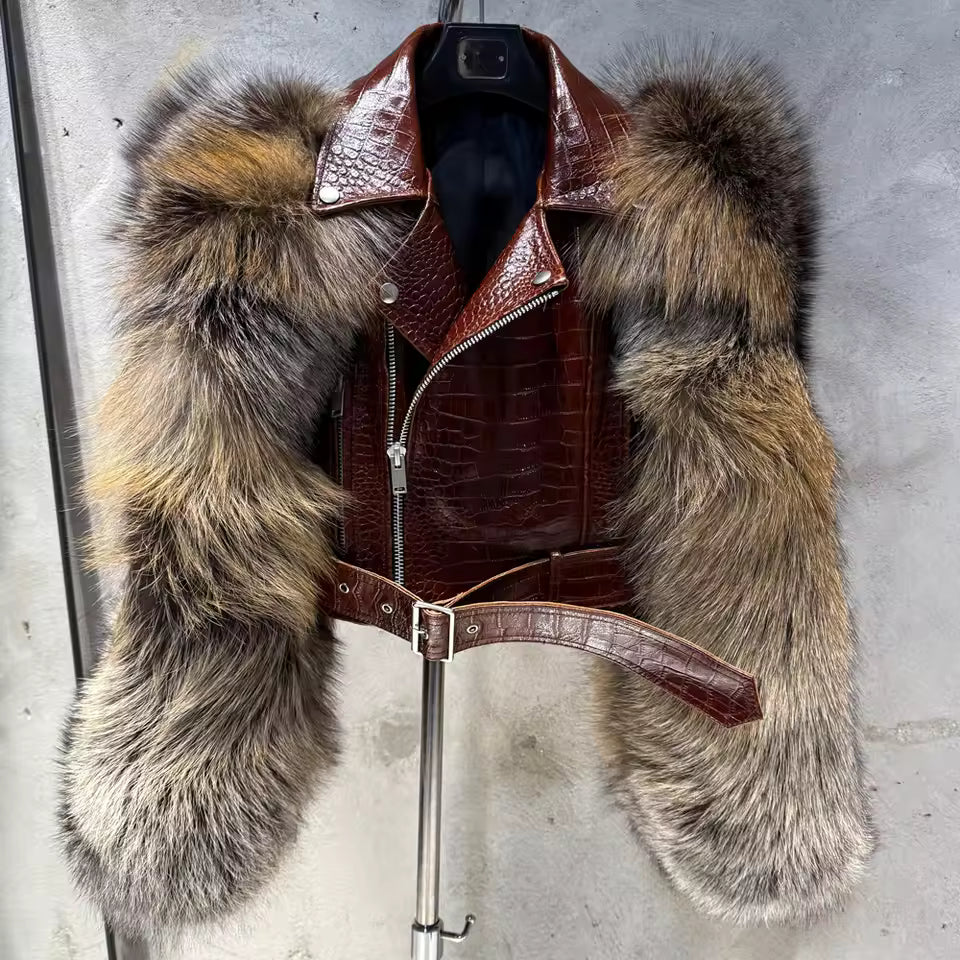 Leather Biker Jacket with Fox Fur Sleeves