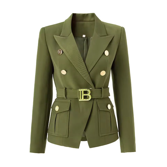 Army Green Belted Blazer with Pockets