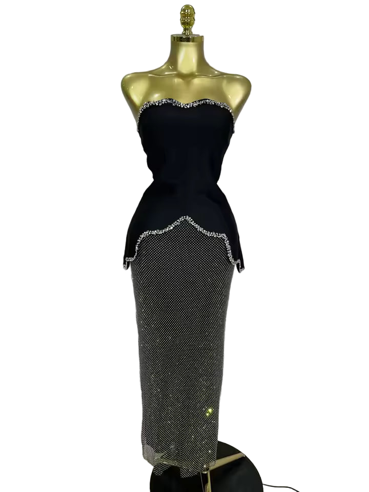 Luxury Black Diamond Top & Skirt Two-Piece Party Dress