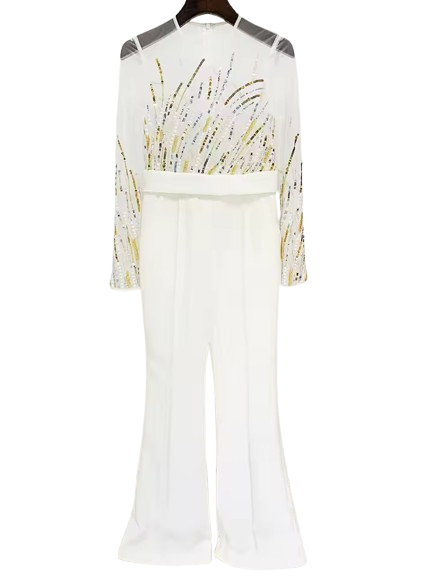 Mesh Splice Sequin Beaded Diamond Jumpsuit
