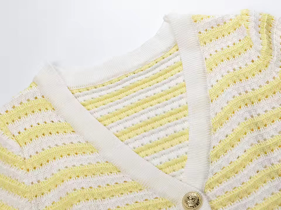 Colorblock Striped Single-Breasted Knit Cardigan