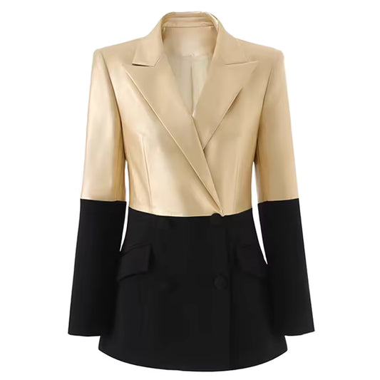Gold & Black PU Patchwork Double-Breasted Slim Fit Blazer