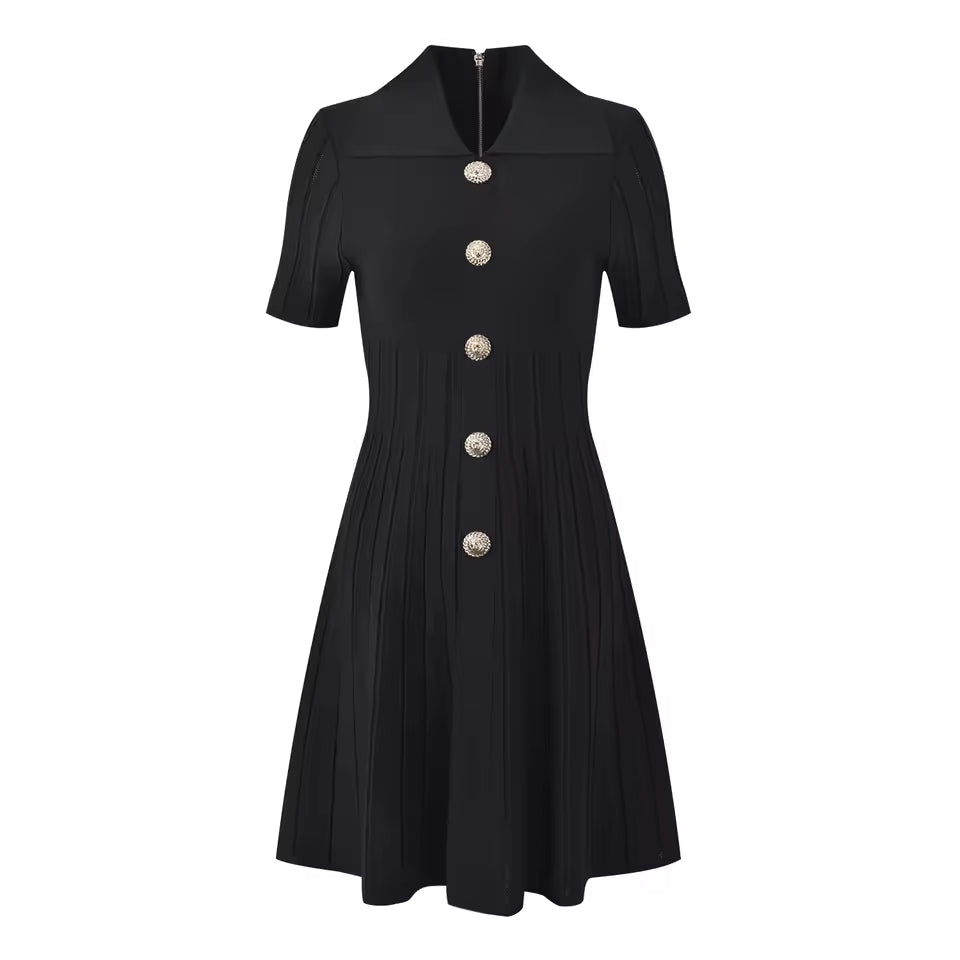 Vintage Knit Turn-Down Collar Single-Breasted Mini Dress