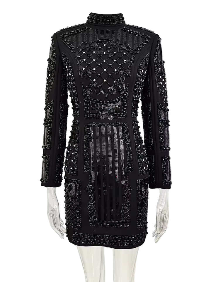 Pearl Sequin Beaded Long Sleeve Stretchy Dress