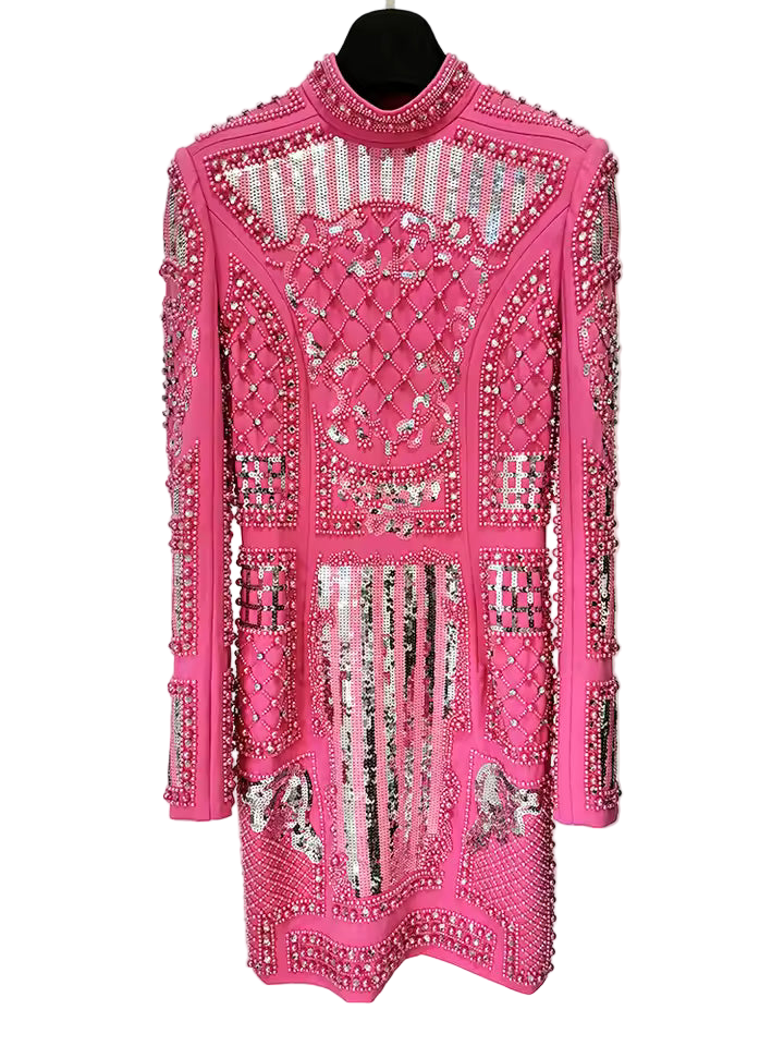Pearl Sequin Beaded Long Sleeve Stretchy Dress