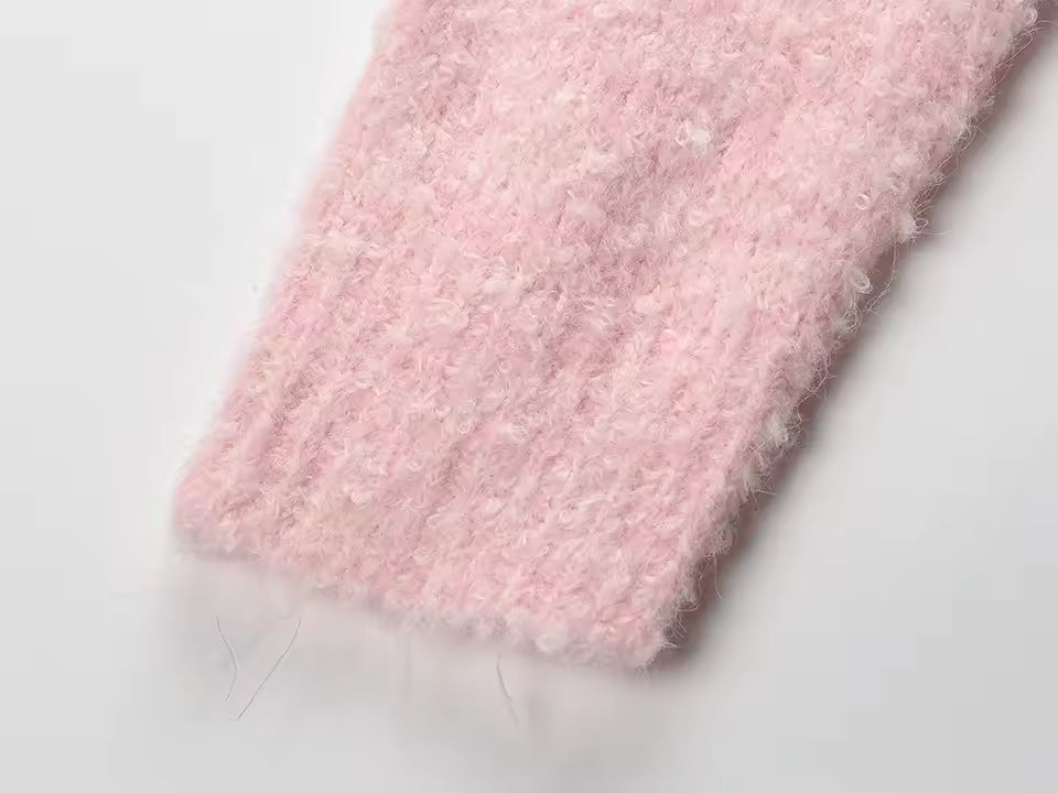 Solid Rose Accent O-Neck Long Sleeve Knit Cardigan