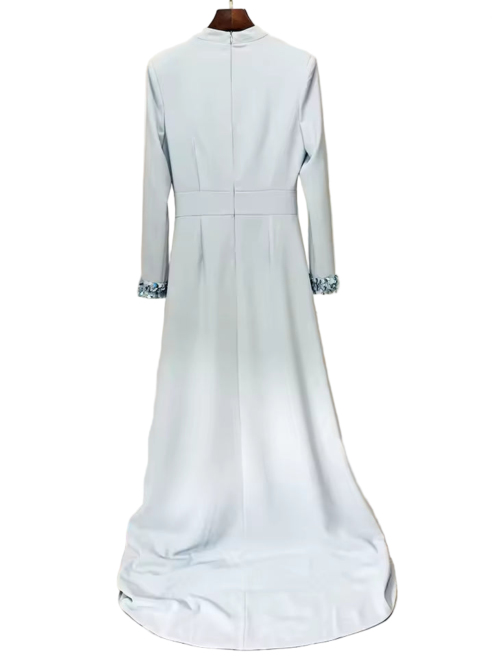 Stand Collar Beaded Sequin Hollow Out Maxi Dress