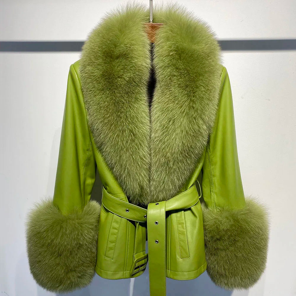 FOX FUR GENUINE LEATHER JACKET IN LIME GREEN