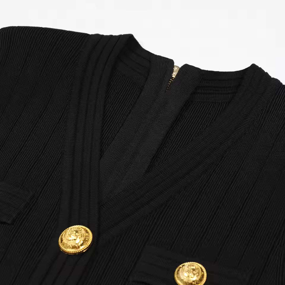 Classic Slim Fit V-Neck Short Sleeve Button Knit Mini Dress