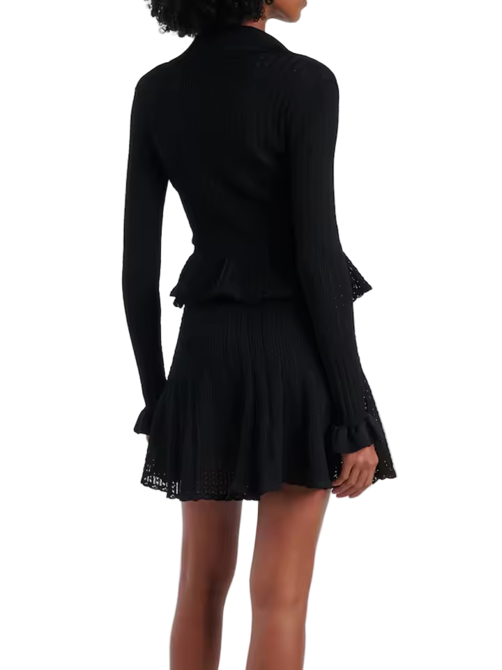 Ruffle Pleated V-Neck Knitted Long Sleeve Dress with Buttons