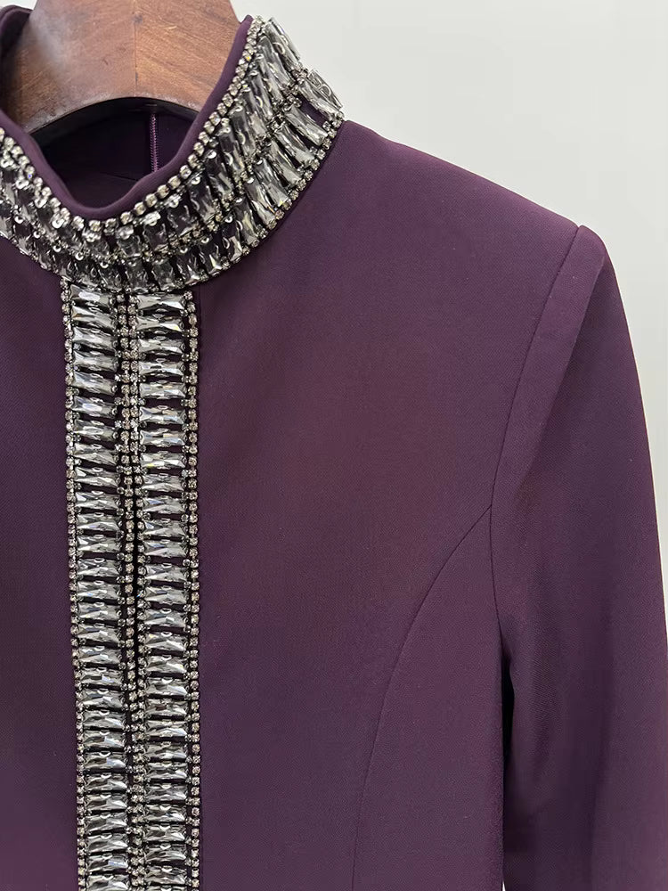 Short Sleeve Stand Collar Diamond Beaded Maxi Dress