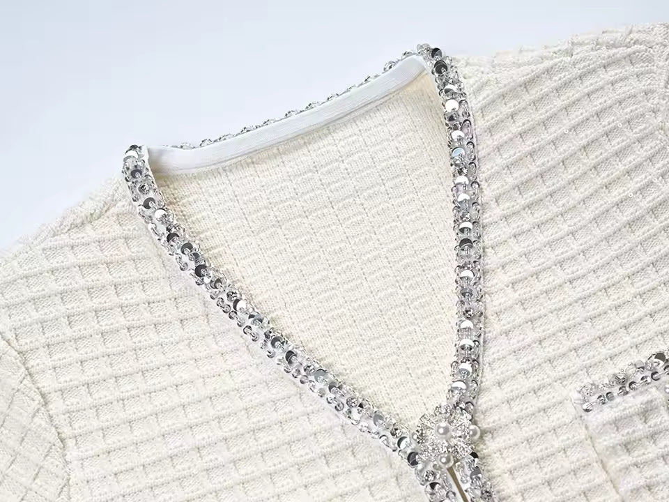 Rhinestone V-Neck Long Sleeve Single-Breasted Knit Cardigan