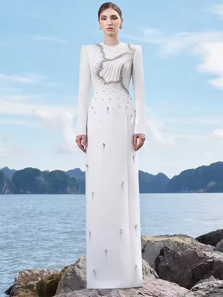 Crystal Beaded Long Sleeve Maxi Dress